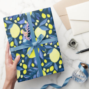 Papel De Presente Chique Mediterrâneo Rústico Limões Folha Azul
