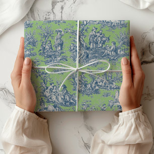 Papel De Presente Chique Toile Azul Verde Vintage País Francês