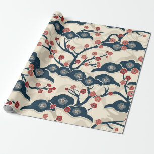 Papel De Presente Chiyogami Japonês Ume Coral Vermelho Índigo Creme