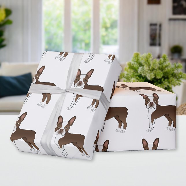 Papel De Presente Chocolate Brown Boston Terrier Cartoon Dog Pattern (Criador carregado)