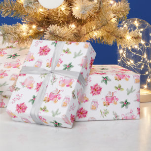 Papel De Presente Chocolate Quente de Natal e Poinsettias Rosas