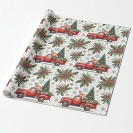 Papel De Presente Christma Red Truck Dog & Holiday Greenery