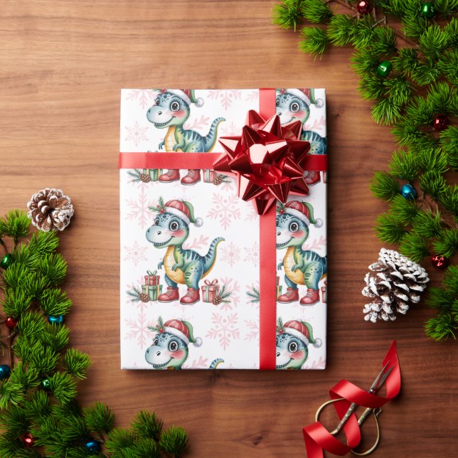 Papel De Presente Christmas Blue Dino and Presents Boy Baby Shower (Presente de Natal)