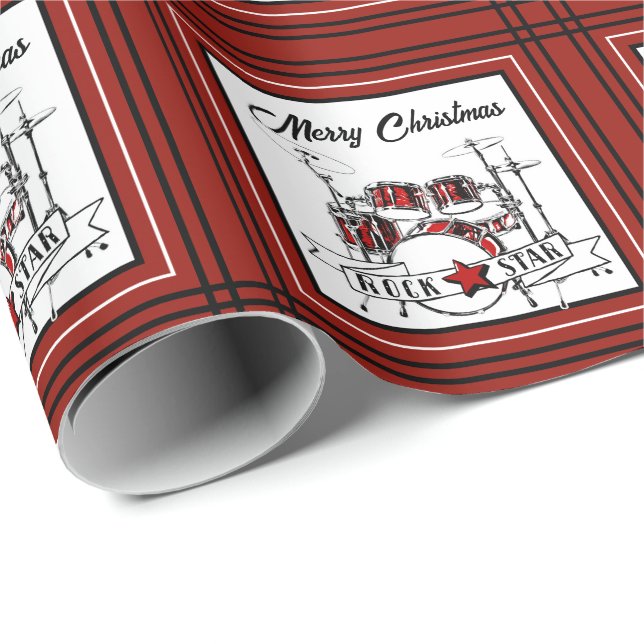 Papel De Presente Christmas Drummer Rock Star Drum Kit Musician (Ponta do rolo)
