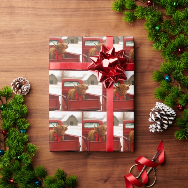 Papel De Presente Christmas Highland Cow In Old Red Pickup Truck (Presente de Natal)