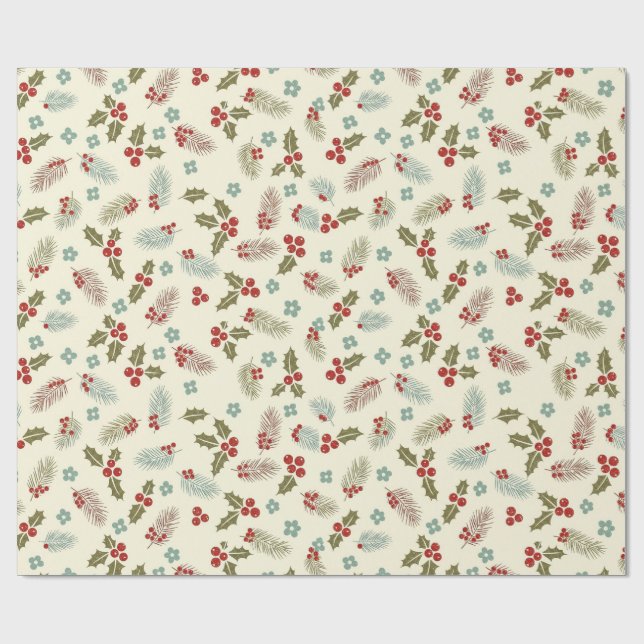 Papel De Presente Christmas Holly Berries & Pine Seamless Pattern (Aberto)