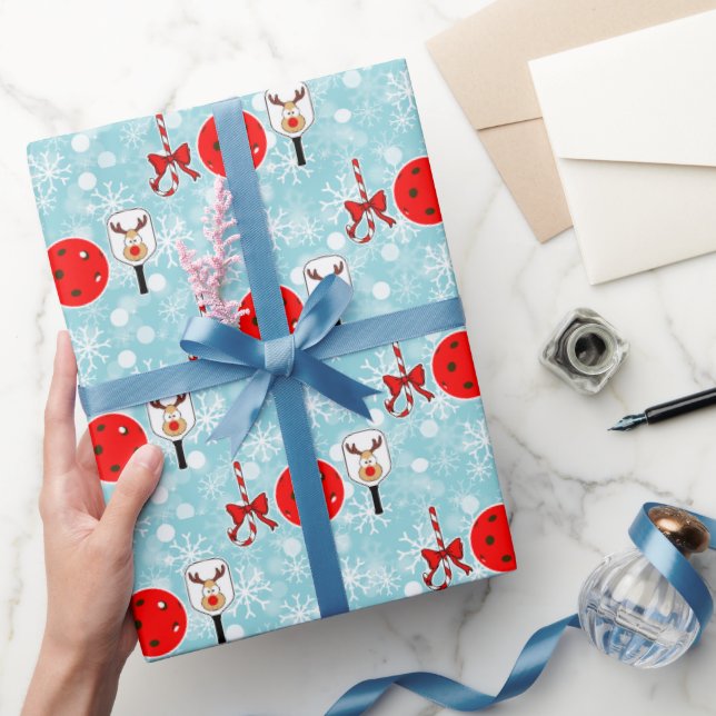 Papel De Presente Christmas Pickleball Paddle Joy Snowflakes on Blue (Presentear)