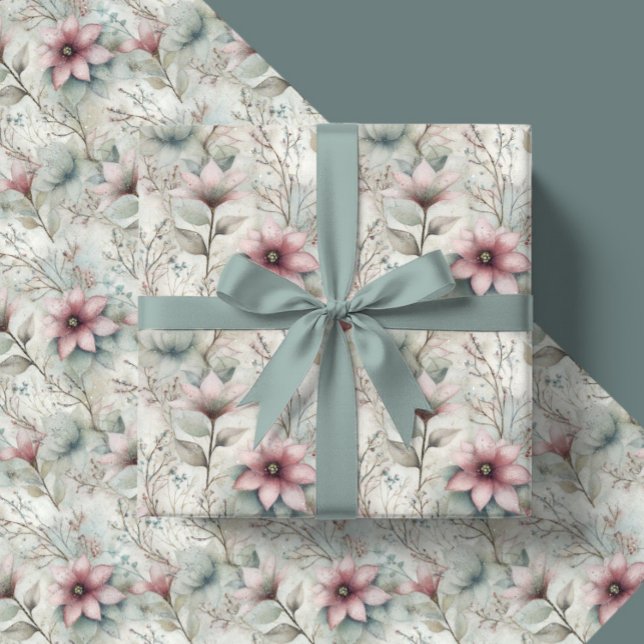Papel De Presente Christmas Pink and Silver Poinsettia Floral  (Criador carregado)