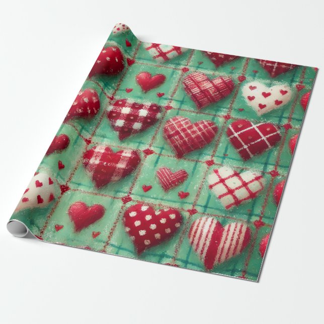 Papel De Presente Christmas Quilted Hearts Green Red White  (Desenrolado)