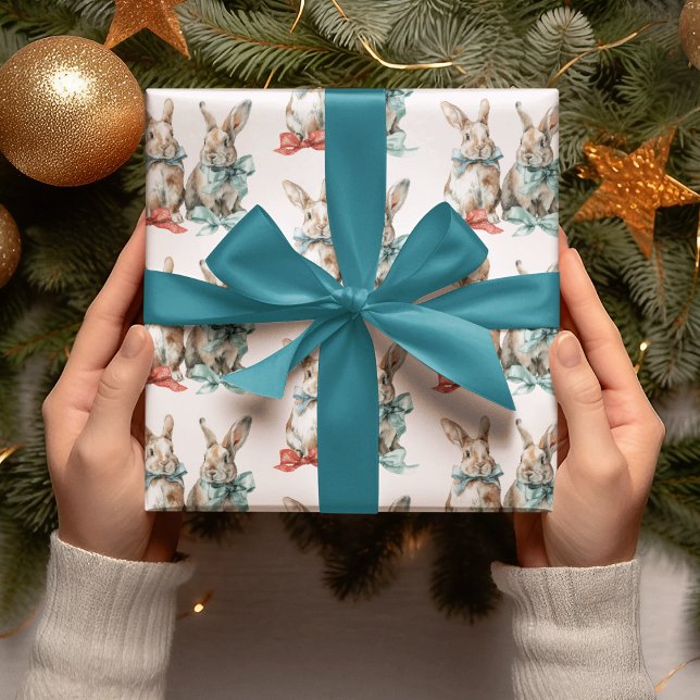 Papel De Presente Christmas Rabbits with Bows Wrapping Paper (Criador carregado)