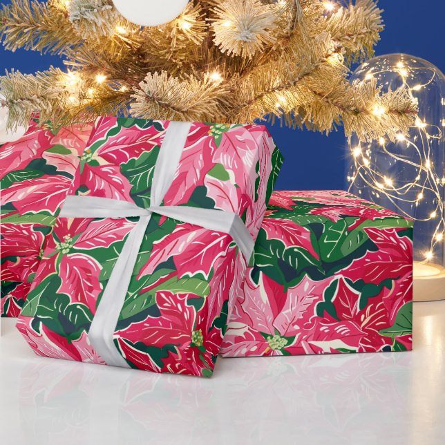 Papel De Presente Christmas Ruby Pink Poinsettia N Leaves Pattern (Feriados)