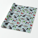 Papel De Presente Christmas Schnauzer<br><div class="desc">Calcinhas de Natal com sal e pimenta e casacos pretas e prateadas vestem chapéus de Santa,  galhadas e blusas de argila em fundo azul com ornamentos dispersos.</div>