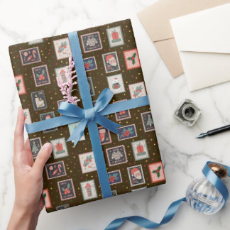 Papel De Presente Christmas Stamps & Dots on Dark Brown