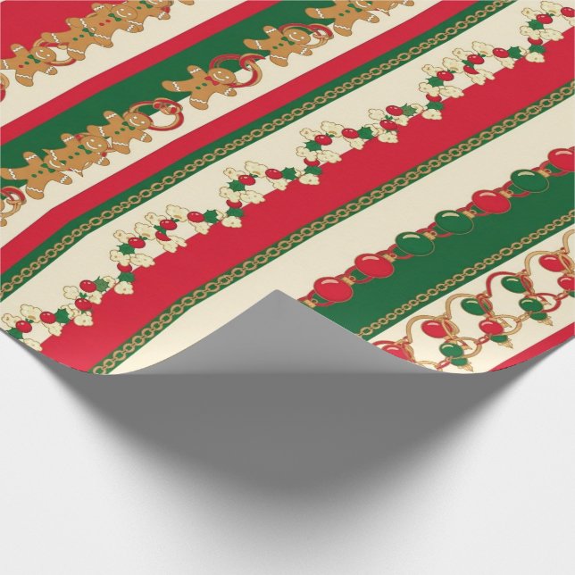 Papel De Presente Christmas Stripes Gingerbread & Ornaments Pattern (Ponta)