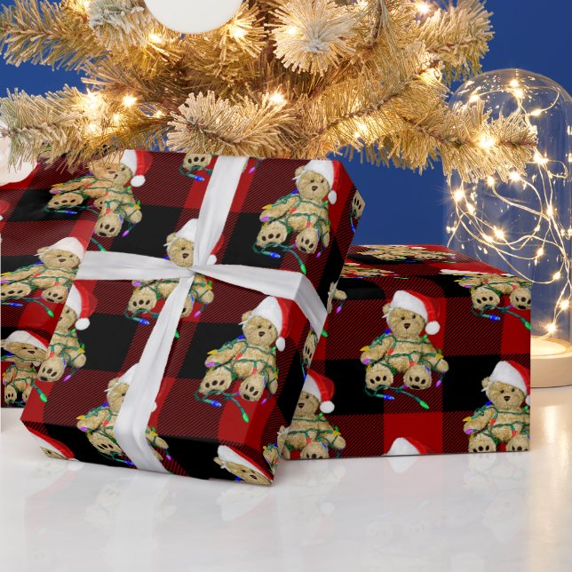 Papel De Presente Christmas Teddy Bears On Buffalo Plaid (Feriados)