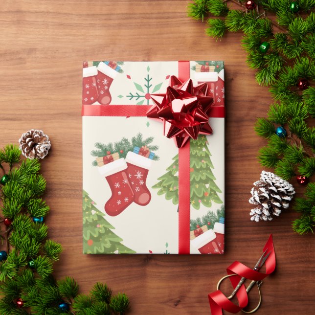 Papel De Presente Christmas Tree, Stocking & Snowflake WrappingPaper (Presente de Natal)