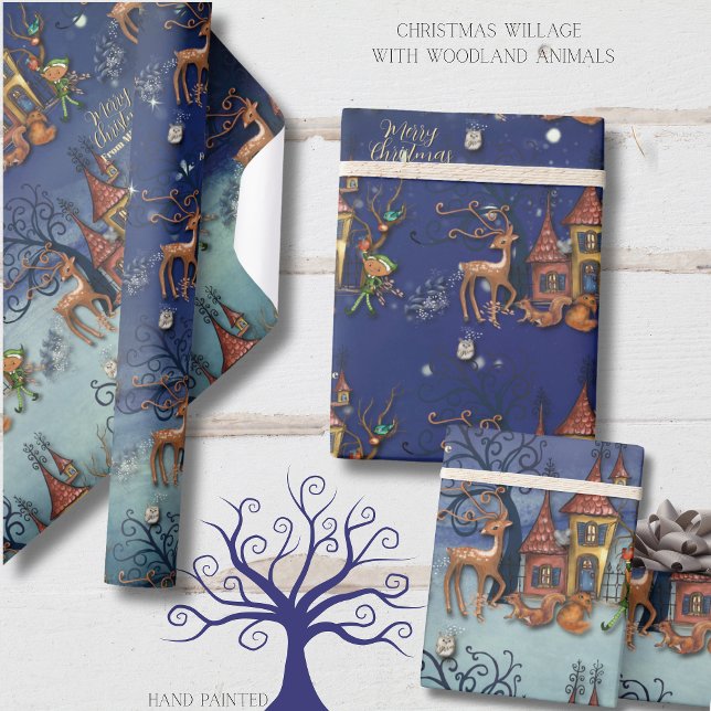 Papel De Presente Christmas Village  | Reindeer, Elf, Squirrel & Fox (Christmas Village  Reindeer, Elf, Squirrel & Fox Wrapping Paper)