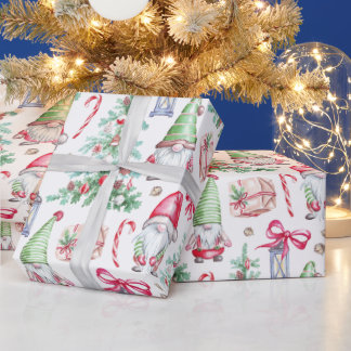 Papel De Presente Christmas Watercolor Gnomes, Christmas Trees