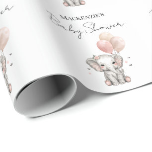 Papel De Presente Chuva de Bebê Elefante & Balões Rosa Menina