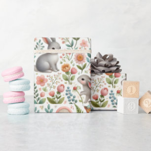 Papel De Presente Chuva de Bebê Floral com Coelhos Aquarela  