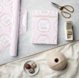 Papel De Presente Chuva de Bebê Floral Laço Coquete Rosa Elegante