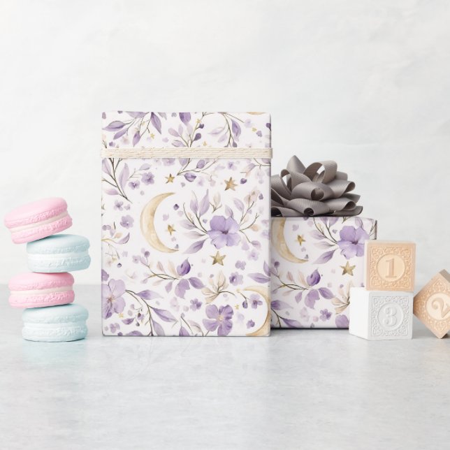Papel De Presente Chuva de Bebê Luas Estrelas & Flores Roxas (Chá de bebê)