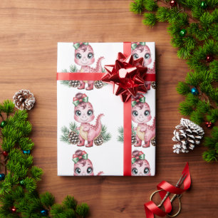 Papel De Presente Chuva de Bebê Menina Dinossauro Natal Rosa