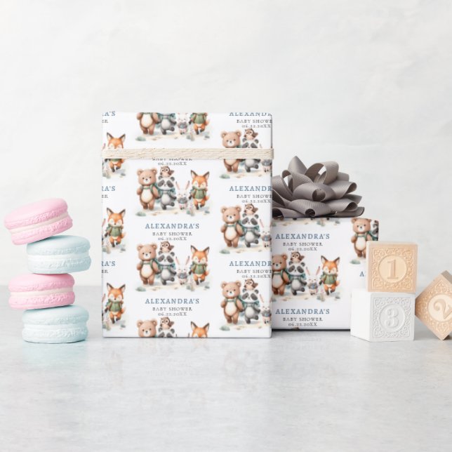 Papel De Presente Chuva de Bebê Menino Animais Florestais Fofos (Chá de bebê)