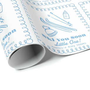 Papel De Presente Chuva de Bebê Menino Azul Desenhado à Mão Esqui Vo