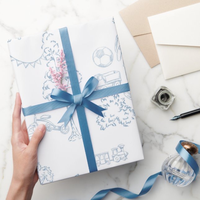 Papel De Presente Chuva de Bebê para Berçário Azul Toile de Jouy (Presentear)
