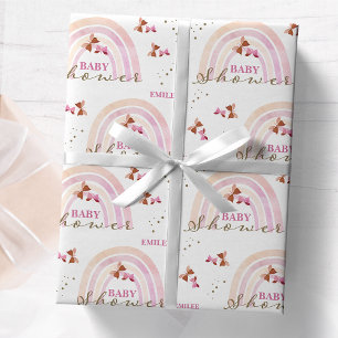 Papel De Presente Chuva de Borboletas Baby Shower Rosa Pastel