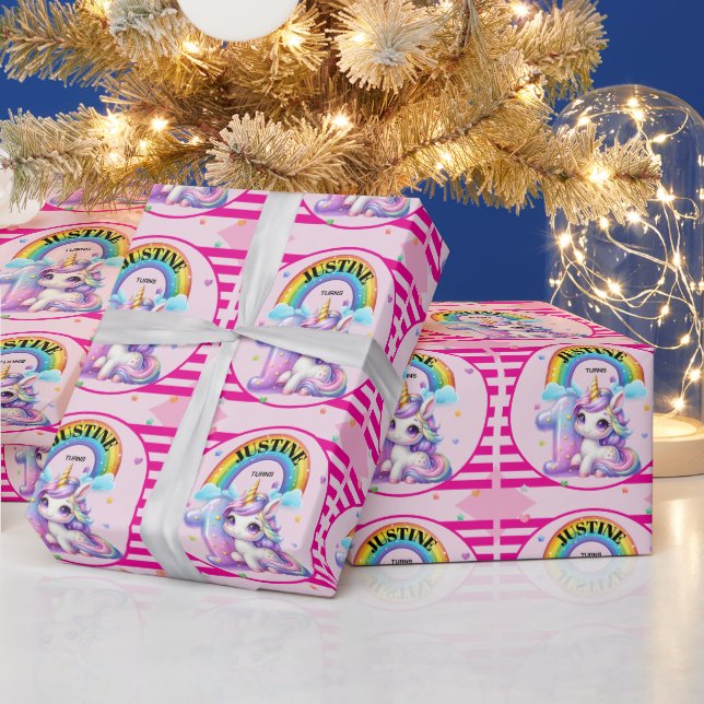 Papel De Presente Chuva de Cores e Unicórnio Aniversário de 1 ano (Feriados)