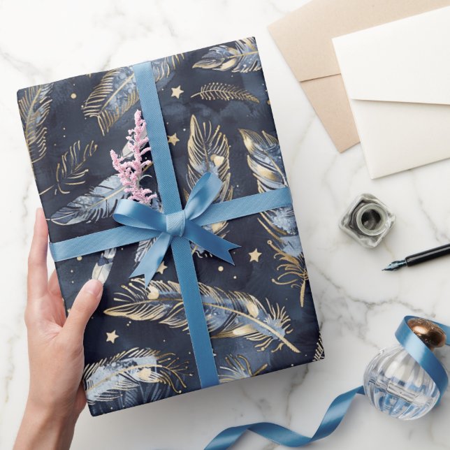 Papel De Presente Chuva de Noiva Blue Gold Penas Estrelas (Presentear)