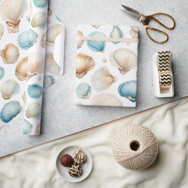 Papel De Presente Chuva de Noiva Conchas da Praia Aqua Creme (Artesanato)