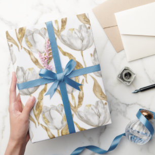 Papel De Presente Chuva de Noiva de Flores de Tulipa Brancas Dourada