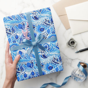 Papel De Presente Chuva de Noiva de Penas de Pavão Azul Branco
