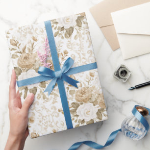 Papel De Presente Chuva de Noiva Floral Boêmia Branco Creme