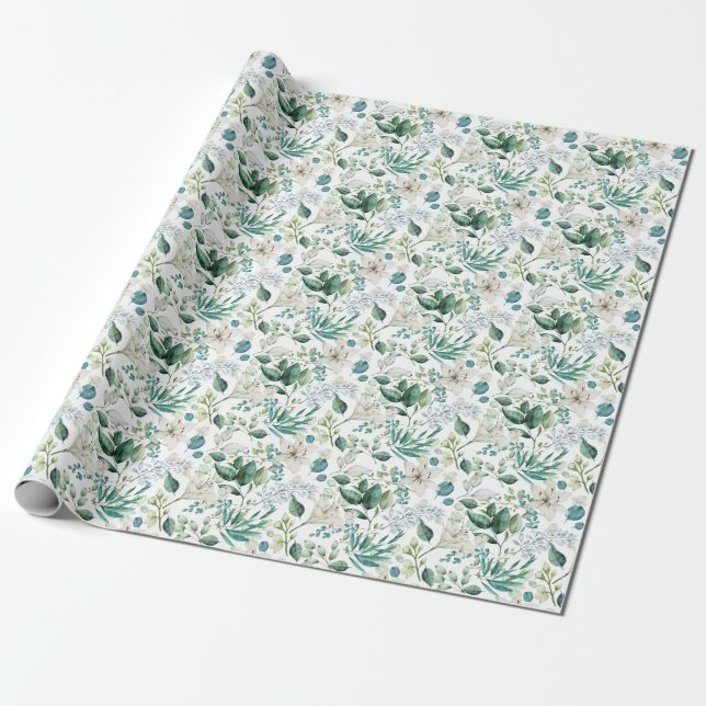 Papel De Presente Chuva de Noiva Floral Branco Verde Casamento (Desenrolado)