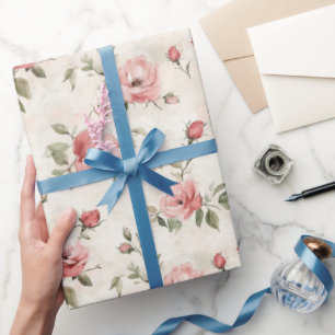 Papel De Presente Chuva de Noiva Floral com Rosas Rosa Bege Marfim