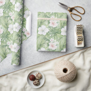 Papel De Presente Chuva de Noiva Floral Hibisco Folhas Tropicais