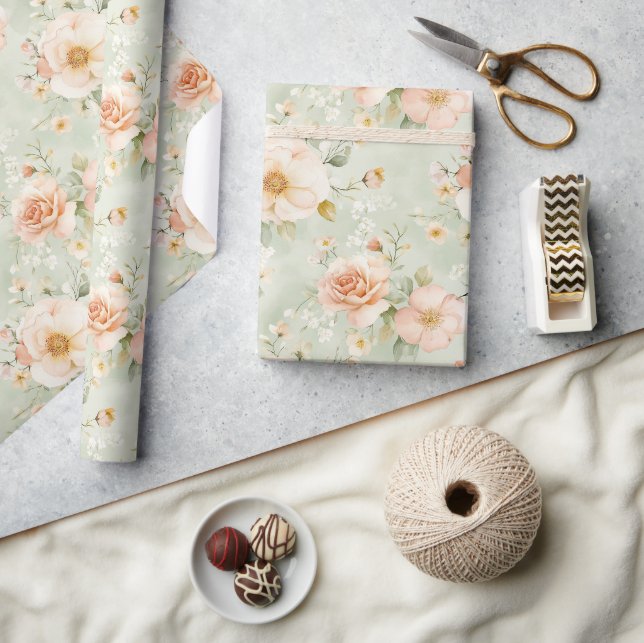 Papel De Presente Chuva de Noiva Floral Rosas Bege Menta (Artesanato)