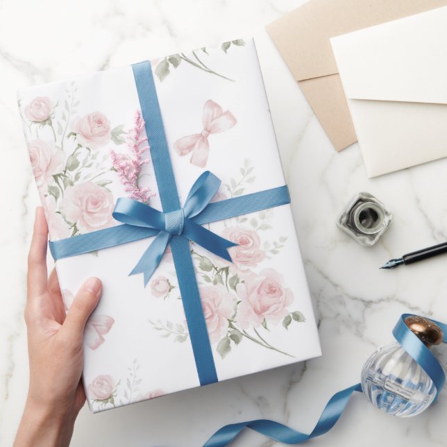 Papel De Presente Chuva de Noiva Floral Rosas Laços Rosa (Presentear)