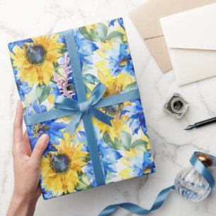 Papel De Presente Chuva de Noiva Flores Amarelas Azuis