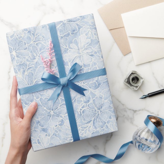 Papel De Presente Chuva de Noiva Flores Brancas Azuis Lindas (Presentear)