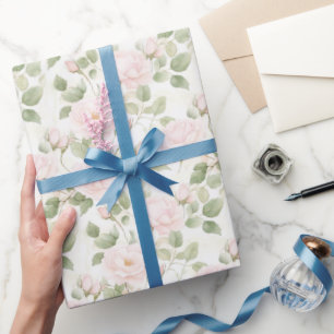 Papel De Presente Chuva de Noiva Flores Rosa Bege Brancas