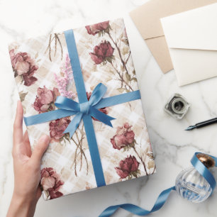 Papel De Presente Chuva de Noiva Flores Rosas Vermelhas Creme