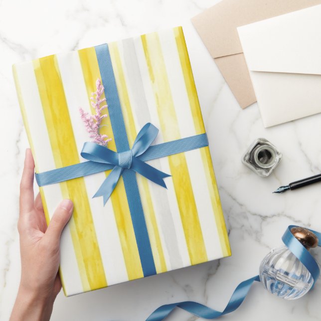 Papel De Presente Chuva de Noiva Listras Amarelo Limão  (Presentear)