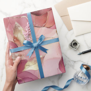 Papel De Presente Chuva de Noiva Rosa Bege Folhas Douradas