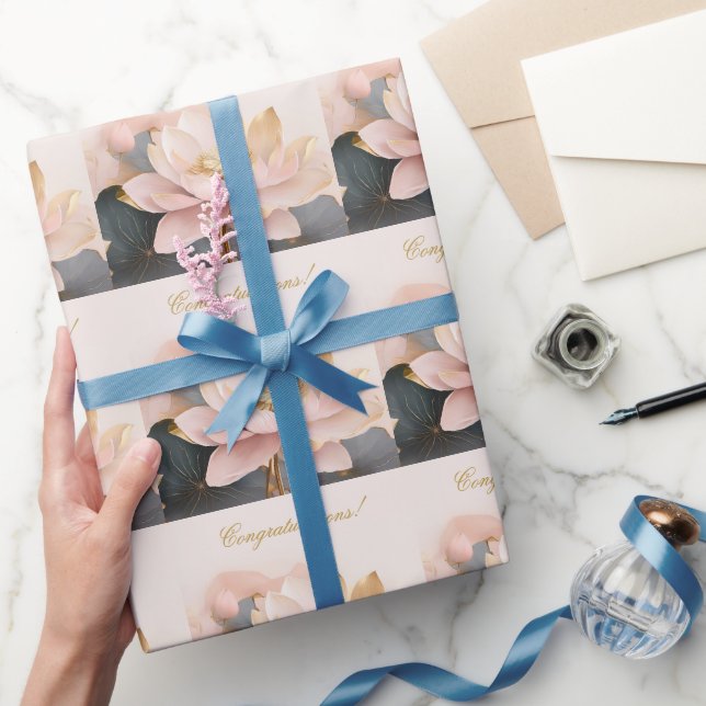 Papel De Presente Chuva de Noiva Rosa Lótus Parabéns! (Presentear)