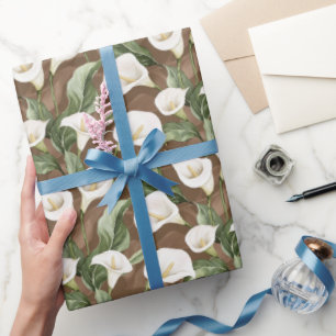 Papel De Presente Chuva Floral de Lírio de Cala Branco Marrom para N